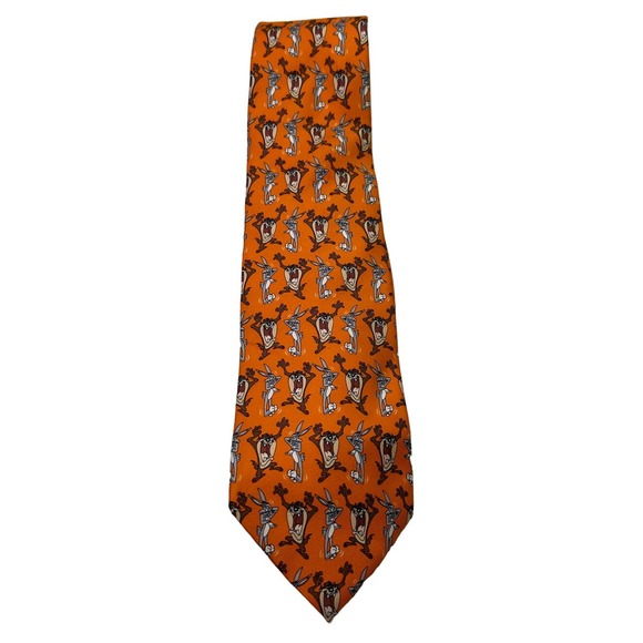 Vintage Looney Tunes Tazmanian Devil and Bugs Bunny Silk Tie Orange - Picture 1 of 6